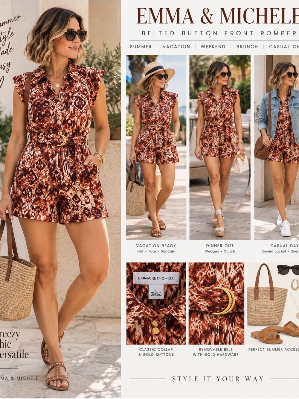 Emma & Michele Rust, Cream and Brown Ikat Belted Mini Romper